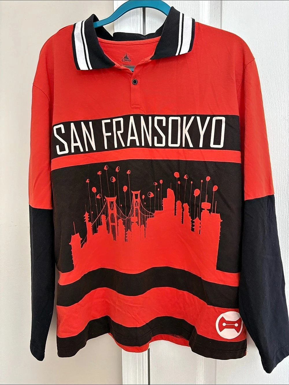 Disney San Fransokyo Long-Sleeved Tee Graphic Polo Red & Black Adult Size L